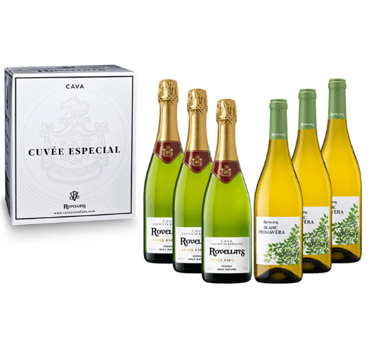 ROVELLATS Pack de 3 botellas de cava Reserva Cuvée Especial Brut Nature y 3 Botellas de vino Blanco Primavera 2023