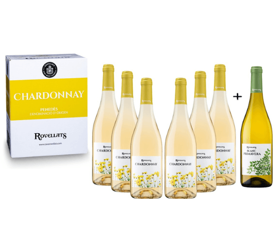 ROVELLATS Pack de 6 botellas de vino Chardonnay y 1 Botella de vino Blanco Primavera Magnum de regalo