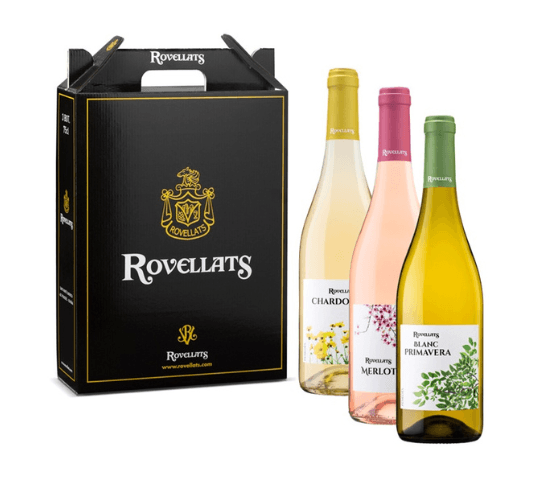 ROVELLATS Pack de Vinos Blanco Primavera, Chardonnay y Merlot con estuche