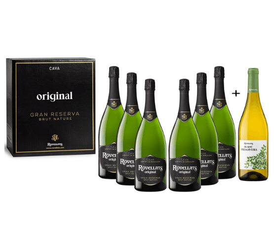 ROVELLATS Pack de cava 6 botellas de cava Original Gran Reserva y Vino Blanco Primavera Magnum de regalo